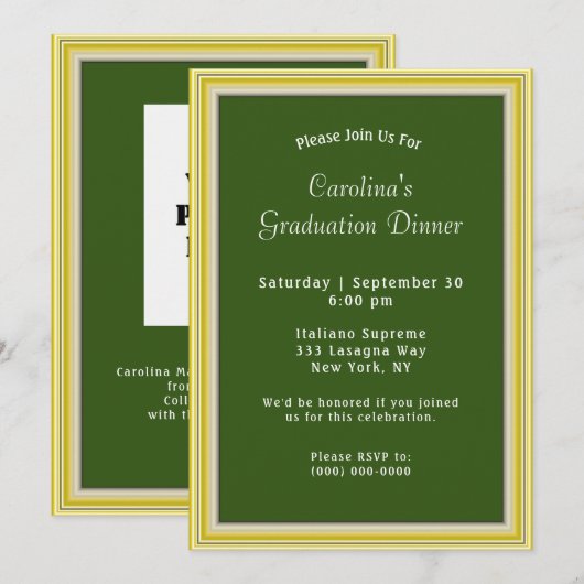 Invitation Cadres d'or jaune Vert Dîner Graduation (Devant / Derrière)