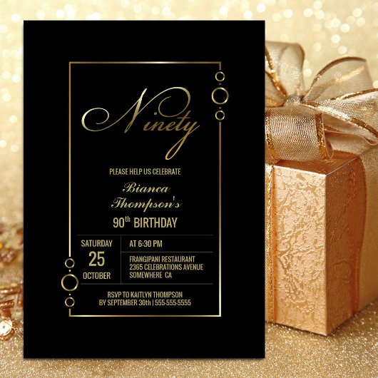 Invitation Cadres d'or moderne Black 90e fête d'anniversaire