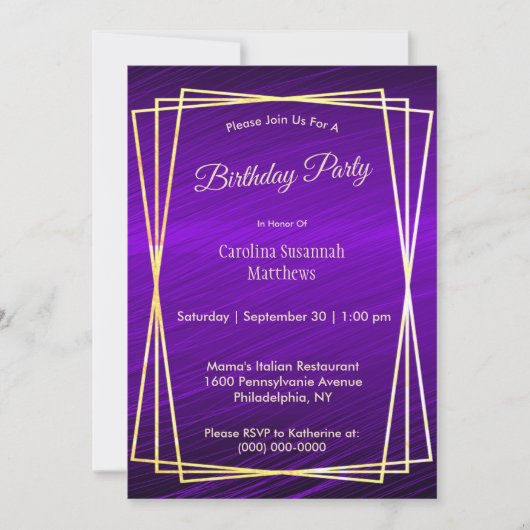 Invitation Cadres d'or violet moderne Anniversaire (Devant)