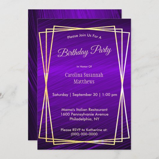 Invitation Cadres d'or violet moderne Anniversaire (Devant / Derrière)