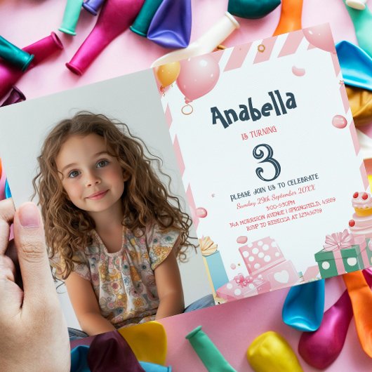 Invitation Cadres et ballons Fille rose Fête d'anniversaire