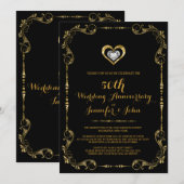 Invitation Cadres noir et or, Anniversaire d'argent du coeur (Devant / Derrière)