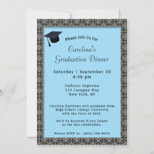 Invitation Cadres noirs Dîner Casquette Bleu clair Graduation