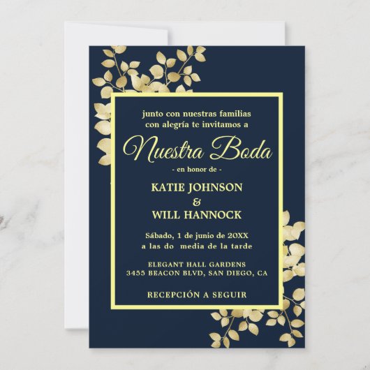 Invitation Cadres or Marine moderne Feuilles or Nuestra Boda (Devant)