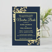 Invitation Cadres or Marine moderne Feuilles or Nuestra Boda (Debout devant)