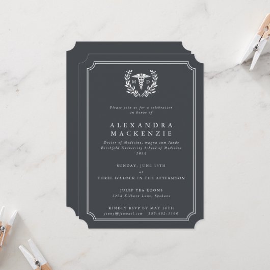 Invitation Caducée de remise de diplôme MD gris/blanc (Devant/Arrière en situation)