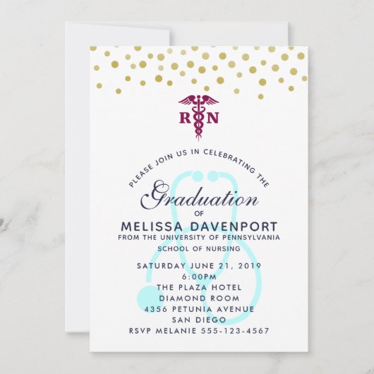 Invitation Caducée élégant et diplômé en soins infirmiers au (Devant)