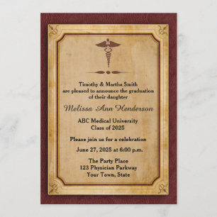Invitation Caducée, parchemin, Annoucement licencié Médicale