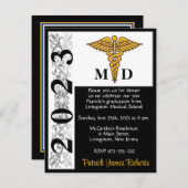 Invitation Caduceus Black & Gold Médicale School Graduation (Devant / Derrière)