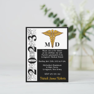 Invitation Caduceus Black & Gold Médicale School Graduation