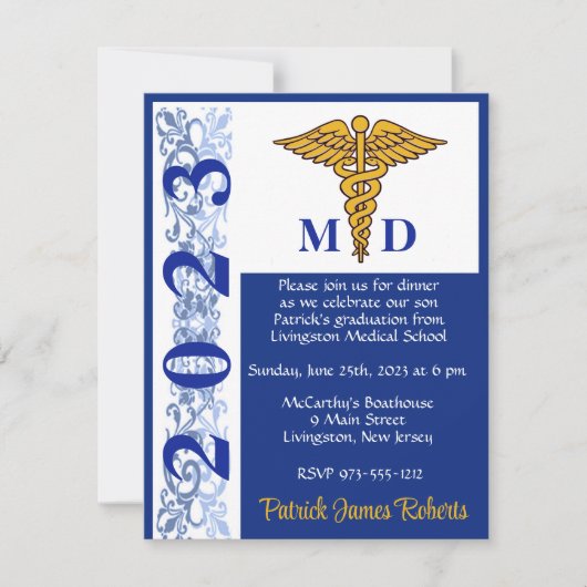 Invitation Caduceus Blue & Gold Médicale School Graduation (Devant)