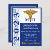 Invitation Caduceus Blue & Gold Médicale School Graduation (Devant / Derrière)