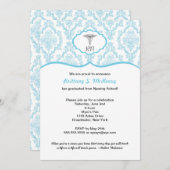 Invitation Caduceus Damask bleu Infirmière diplômée RN (Devant / Derrière)