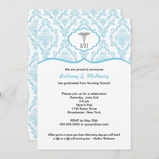 Invitation Caduceus Damask bleu Infirmière diplômée RN (Devant / Derrière)