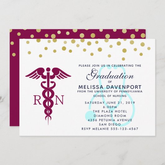 Invitation Caduceus élégant et Stethoscope Infirmière (Devant / Derrière)