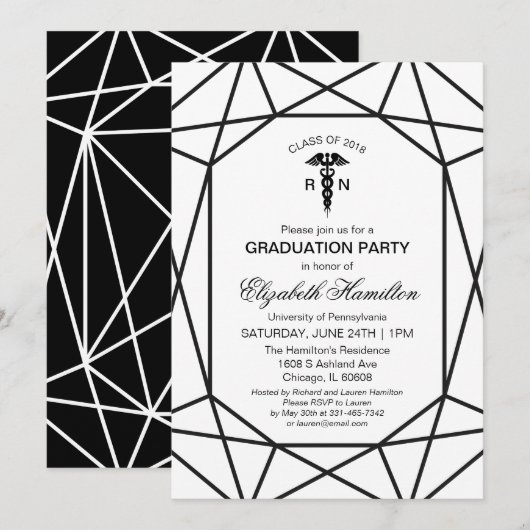 Invitation Caduceus Médicale Nuring School Chic Noir & Blanc (Devant / Derrière)