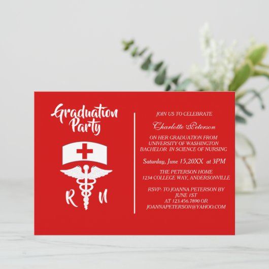 Invitation Caduceus moderne rouge et blanc Infirmière fête de (Debout devant)