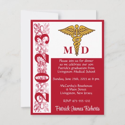 Invitation Caduceus Red & White Médicale School Graduation (Devant)