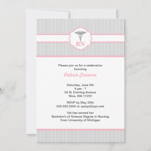 Invitation Caduceus RN BSN LPN Graduation Pink and Grey (Devant)