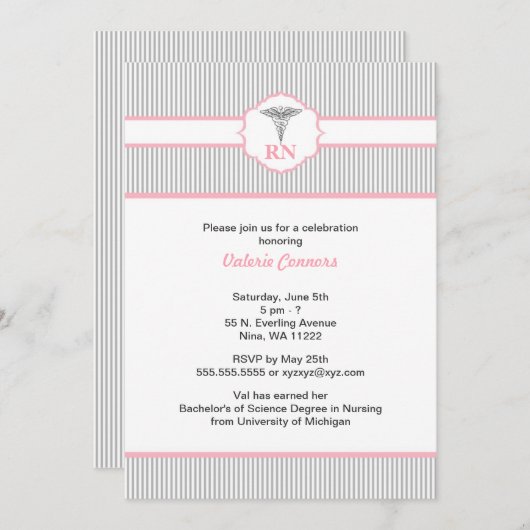 Invitation Caduceus RN BSN LPN Graduation Pink and Grey (Devant / Derrière)