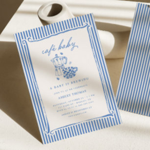 Invitation Café Baby Shower Blue Stripe Baby est en route