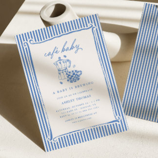 Invitation Café Baby Shower | Blue Stripe Baby est en route