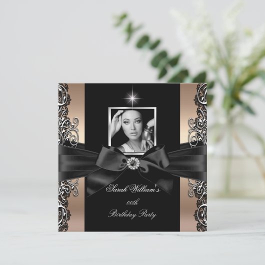 Invitation Café Beige fête d'anniversaire Black Silver Photo (Debout devant)