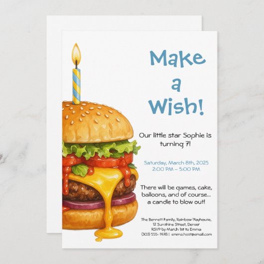 Invitation Café de la fête du hamburger | Anniversaire enfant (Devant / Derrière)