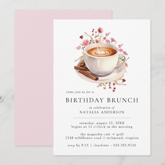 Invitation Café floral | Jolie fille rose Anniversaire Brunch (Devant / Derrière)
