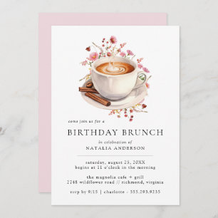 Invitation Café floral   Jolie fille rose Anniversaire Brunch