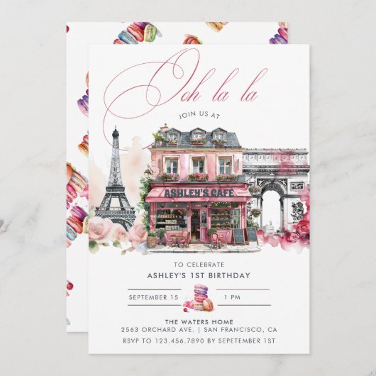 Invitation Café français rose Thé fête d'anniversaire (Devant / Derrière)