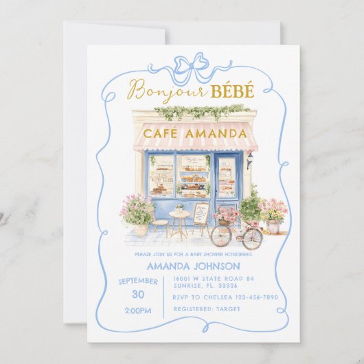 Invitation Café parisien Baby shower Blue Coquette (Devant)