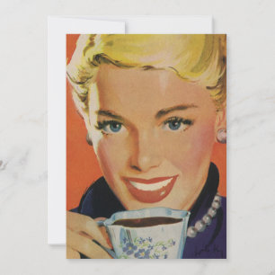 Invitation Café Vintage, Femme Heureuse avec Tasse de Café Ré