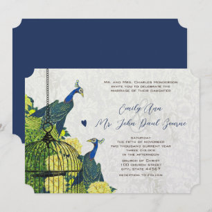 Invitation Cage à Oiseaux Paon Bleu Jaune et Argen