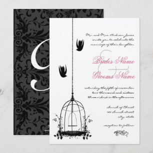 Invitation Cage à oiseaux vintage accents rouges damas mariag