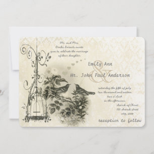 Invitation Cage à oiseaux vintage en ivoire Amour Oiseaux