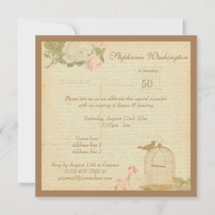 Invitation Cage à oiseaux vintage & Roses 50e anniversaire