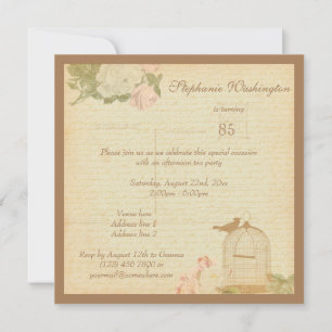 Invitation Cage à oiseaux vintage & Roses 85e Anniversaire
