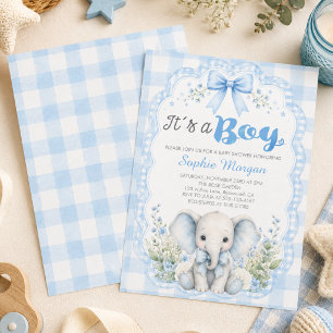 Invitation Cage bleu en vichy C'est un garçon Éléphant Baby S