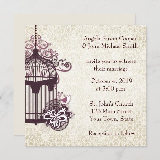 Invitation Cage d'oiseaux de prune, Damas (Devant / Derrière)