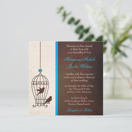 Invitation Cage d'oiseaux fantaisie - Chocolat et Mariage ble (Debout devant)