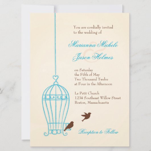 Invitation Cage d'oiseaux fantaisie Turquoise et Mariage de c (Devant)