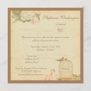 Invitation Cage d'oiseaux Vintage et Roses 90e anniversaire