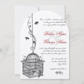Invitation Cage d'oiseaux vintages Accents rouges Mariage Inv (Devant)