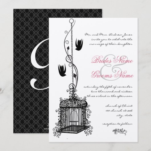 Invitation Cage d'oiseaux vintages Accents rouges Mariage Inv (Devant / Derrière)