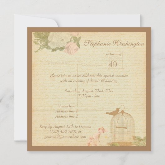 Invitation Cage vintage d'oiseaux et Roses 40e anniversaire (Dos)