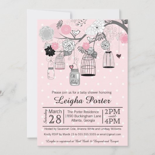 Invitation Cages d'oiseaux et jarres gris rose Baby shower de (Devant)