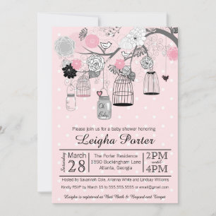 Invitation Cages d'oiseaux et jarres gris rose Baby shower de