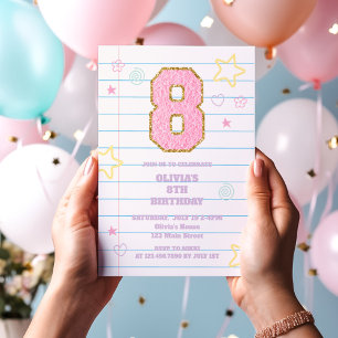 Invitation Cahier Varsity preppy pastel patch 8e anniversaire