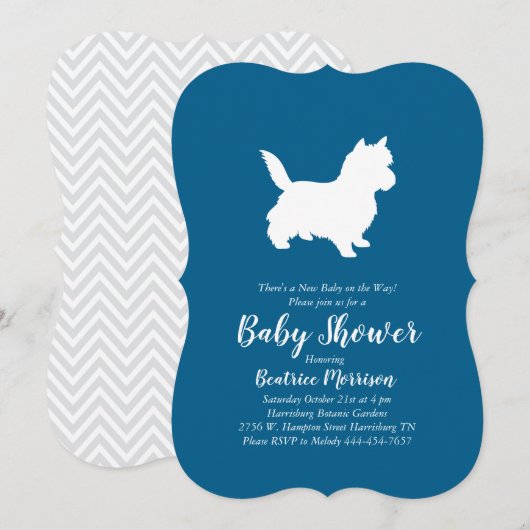 Invitation Cairn Terrier Chien Baby shower Blue Boy (Devant / Derrière)